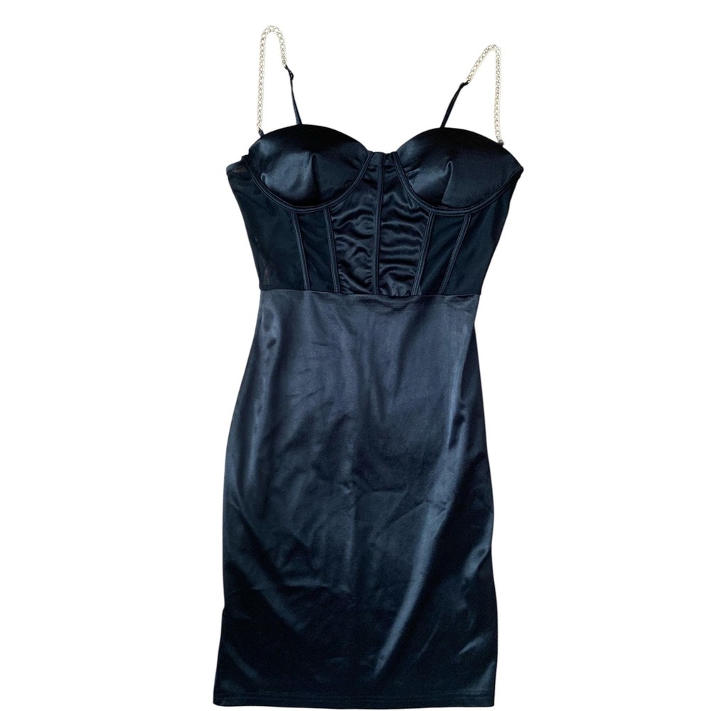 D&G Dolce & Gabbana Corset Dress Womens M Black Satin Mesh Chain Strap Vintage